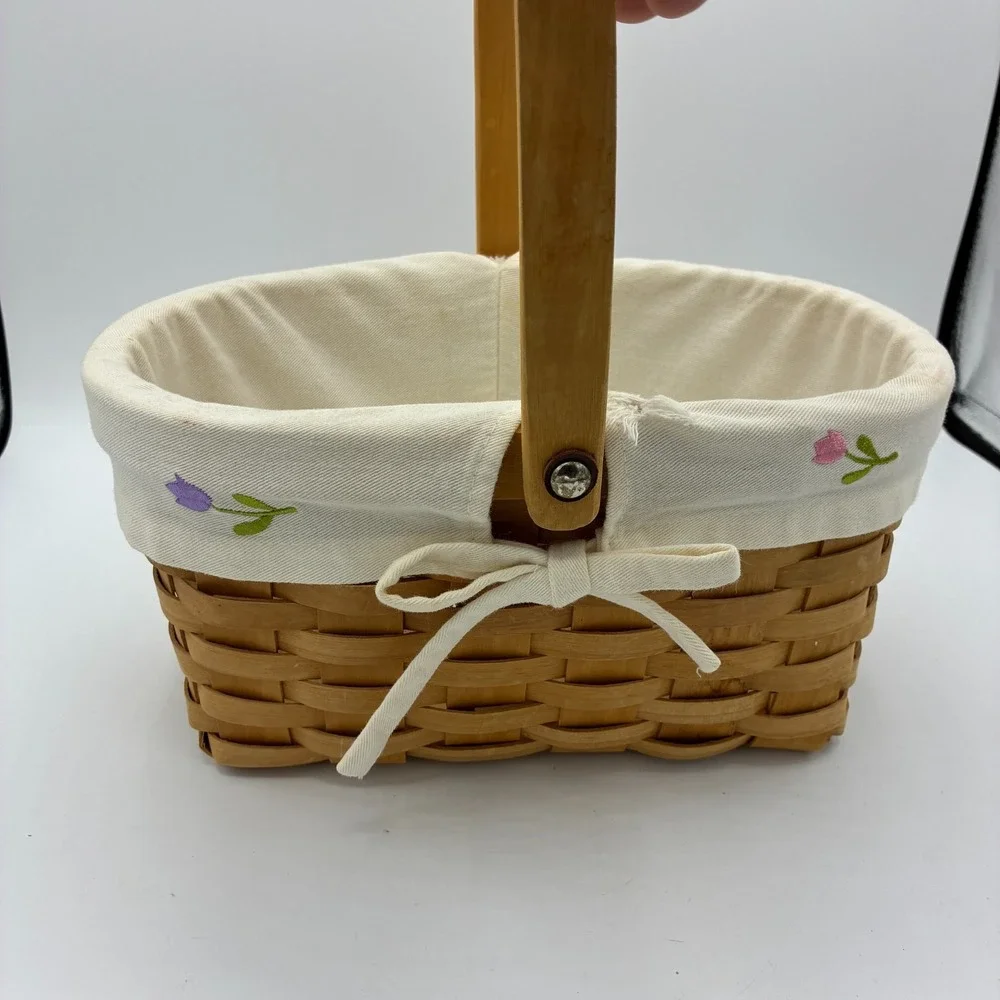 Vintage Splint Basket Wood Swing Handle Fabric Tulip Liner Oval